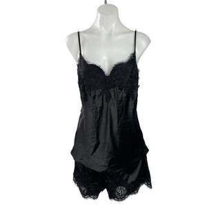 NEW Homebodii Black Silk Satin Lace Two Piece Sleepwear Pajamas Shorts Set S